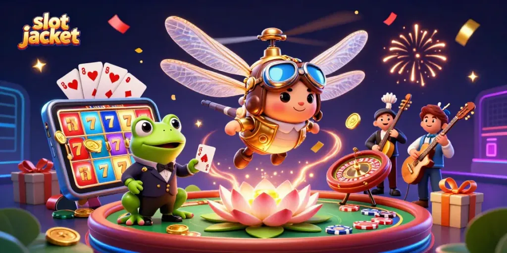 Engage in thrilling gameplay with slot jackpot featuring an animated dragonfly pilot, frog croupier, and exciting casino elements.