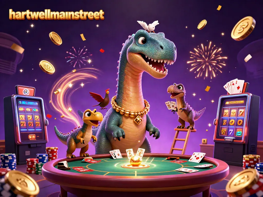 ภาพสุดตระการตาของ hartwellmainstreet ที่แสดงไดโนเสาร์และการ์ดเกมในคาสิโนที่เต็มไปด้วยชีวิตชีวา