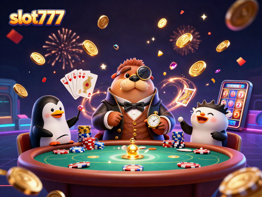 Experience thrilling slot777 gameplay with our jolly walrus dealer, colorful chips, and exciting casino atmosphere.