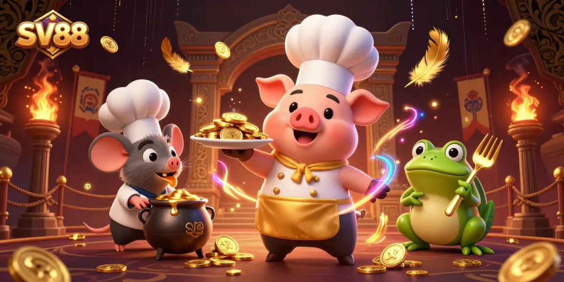 Experience thrilling gaming at SV88 with vibrant characters serving gold and excitement.