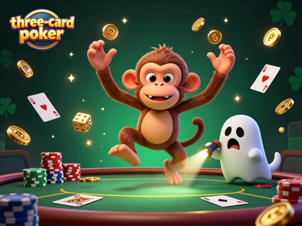 Experience three-card-poker excitement with a playful poltergeist monkey and curious puppy tracking golden coins and poker elements.
