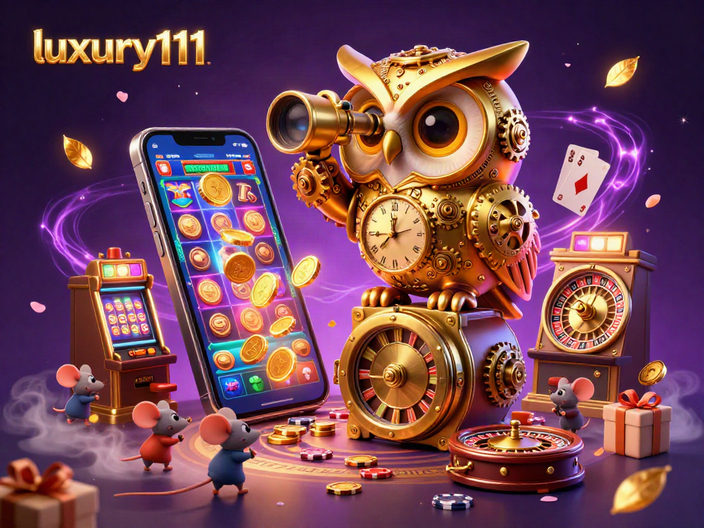 Experience the excitement of luxury111 slots with a golden owl scanning the casino floor.