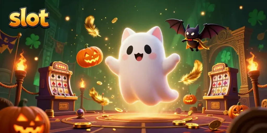 Mainkan slot dengan kucing hantu dalam kasino angker, dikelilingi koin emas dan efek api.