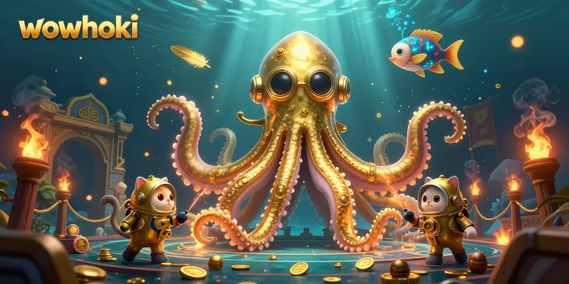 Menangkan permainan slot WOWHOKI dengan pengalaman visual luar biasa dari kraken kartun dan kucing penyelam.