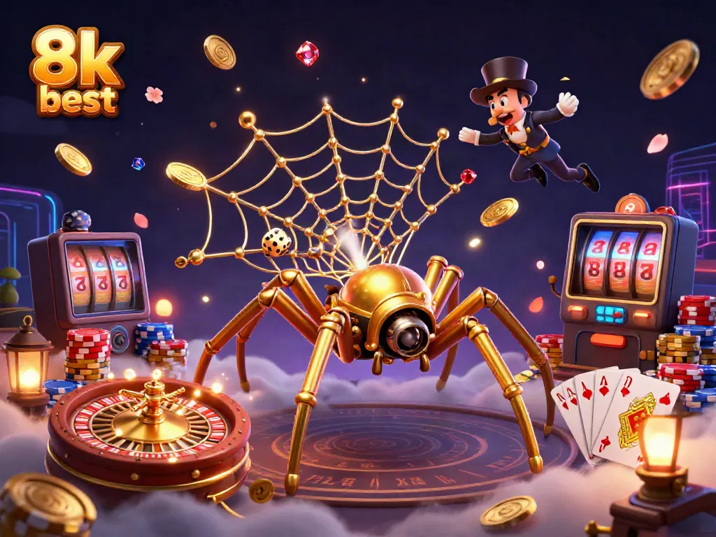 Catch the 8k best gaming thrill with a steampunk spider and fly in a vibrant casino scene.