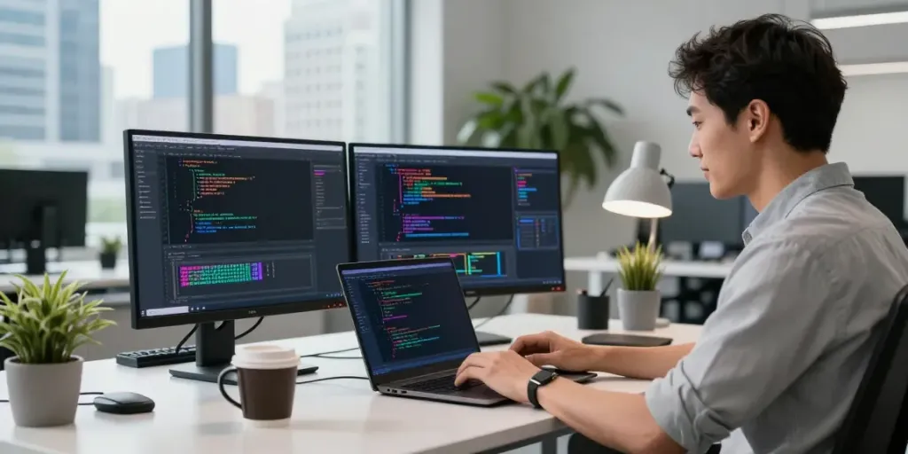 Developer at an innovative workspace coding on the A80 website technology