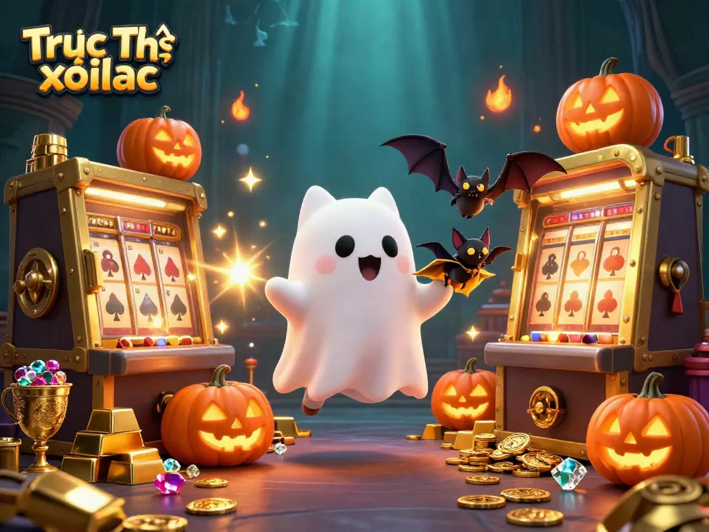 Experience Trực Tiếp xoilac with vibrant ghost cat and bat in a lively casino scene.