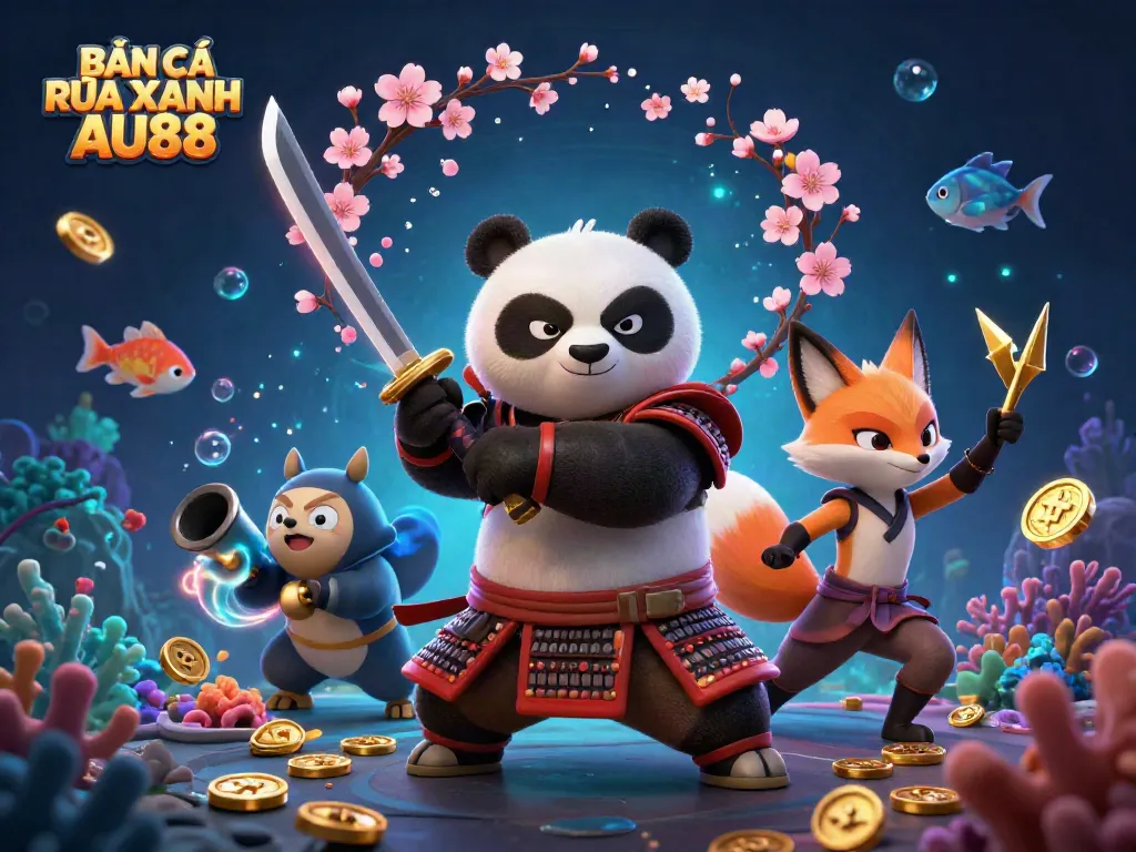 BẮN CÁ RÙA XANH AU88 features a dynamic scene with a fierce panda warrior and ninja fox shooting fish underwater, illustrating the excitement of the game.