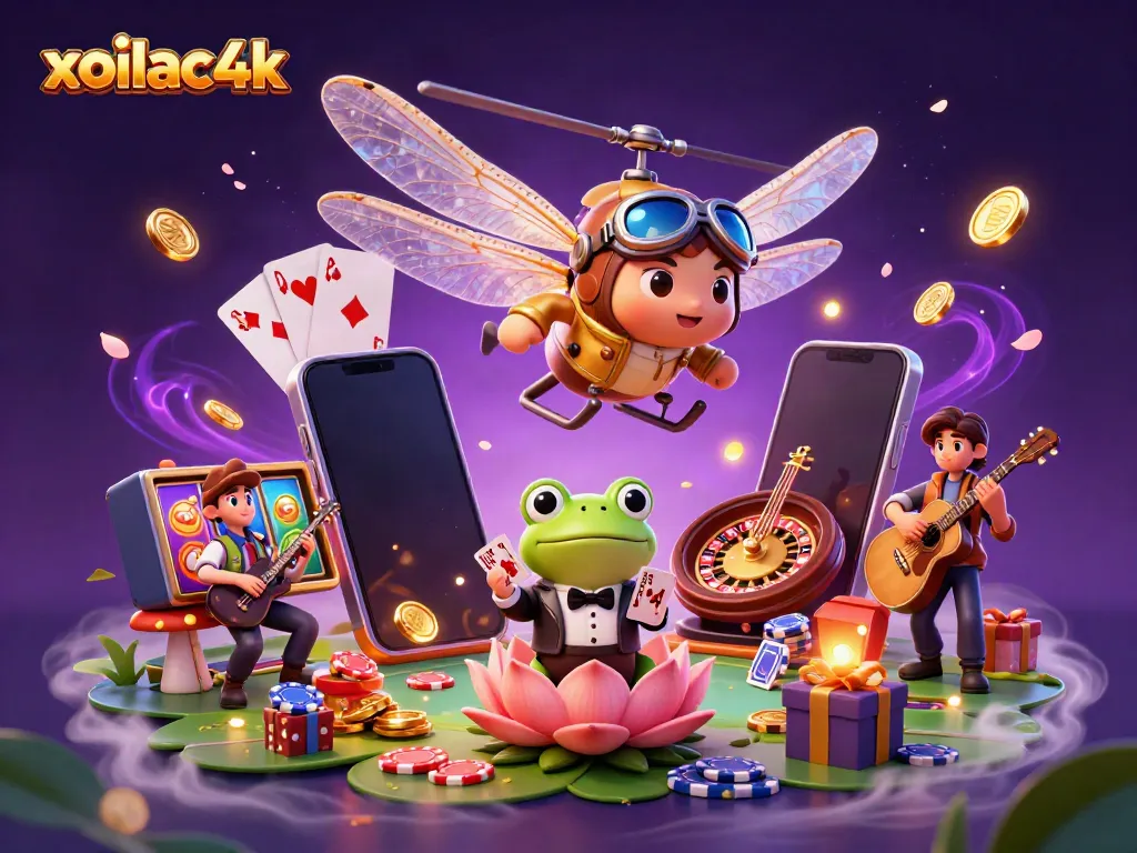 Xoilac4k slot gaming scene with a dragonfly pilot and frog dealing cards