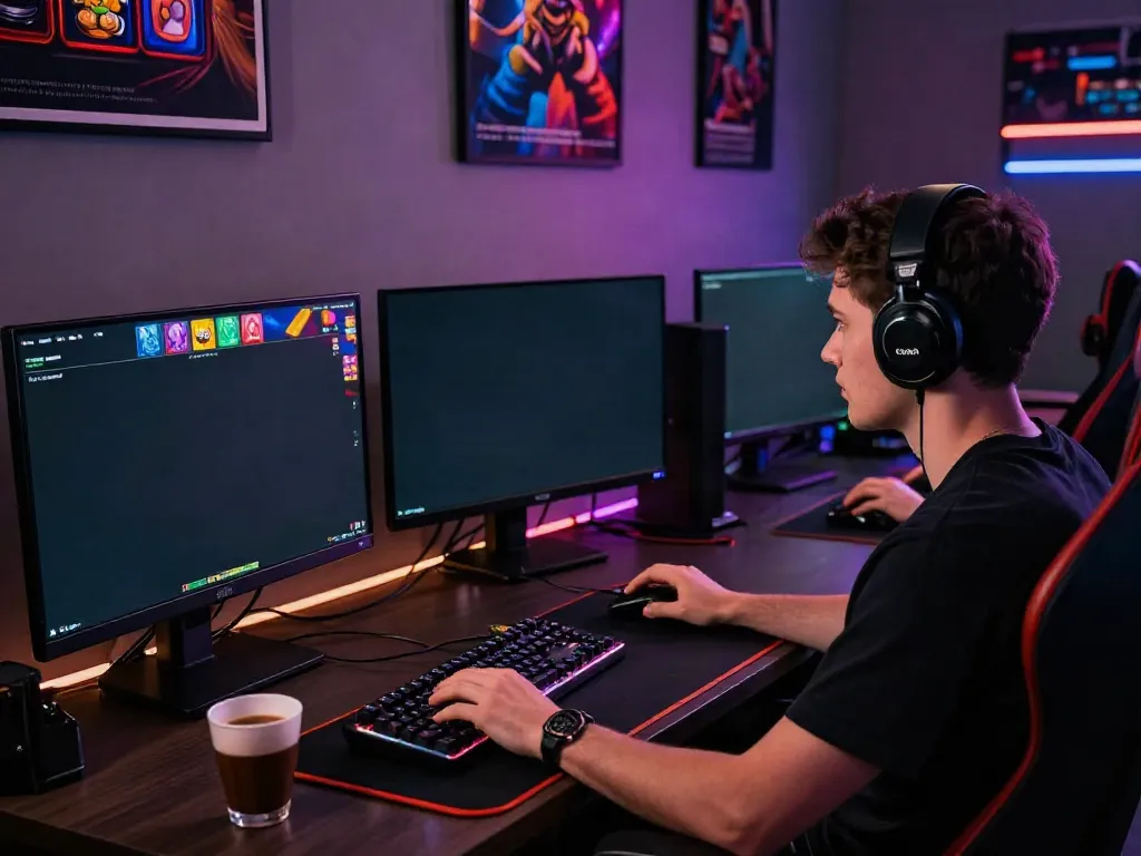 Engaging user at a desktop setup playing on poka88 link login in a vibrant gaming atmosphere.