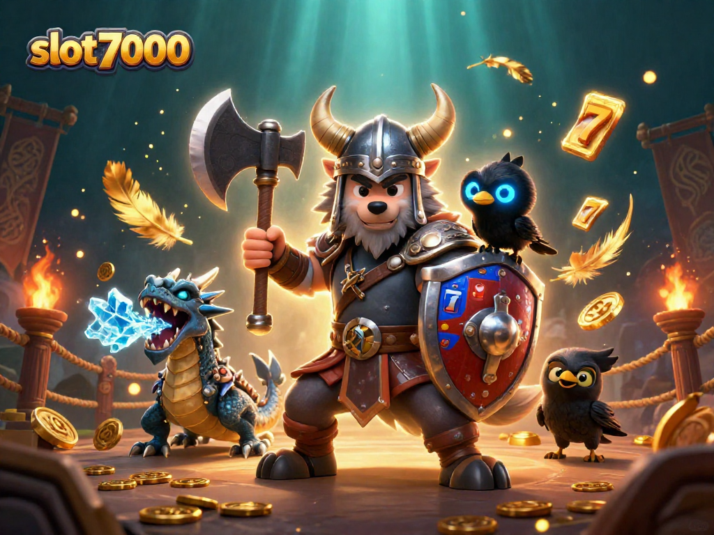 Experience the thrill of slot7000 with a dynamic scene featuring a Viking wolf warrior and a fierce dragon among casino elements.