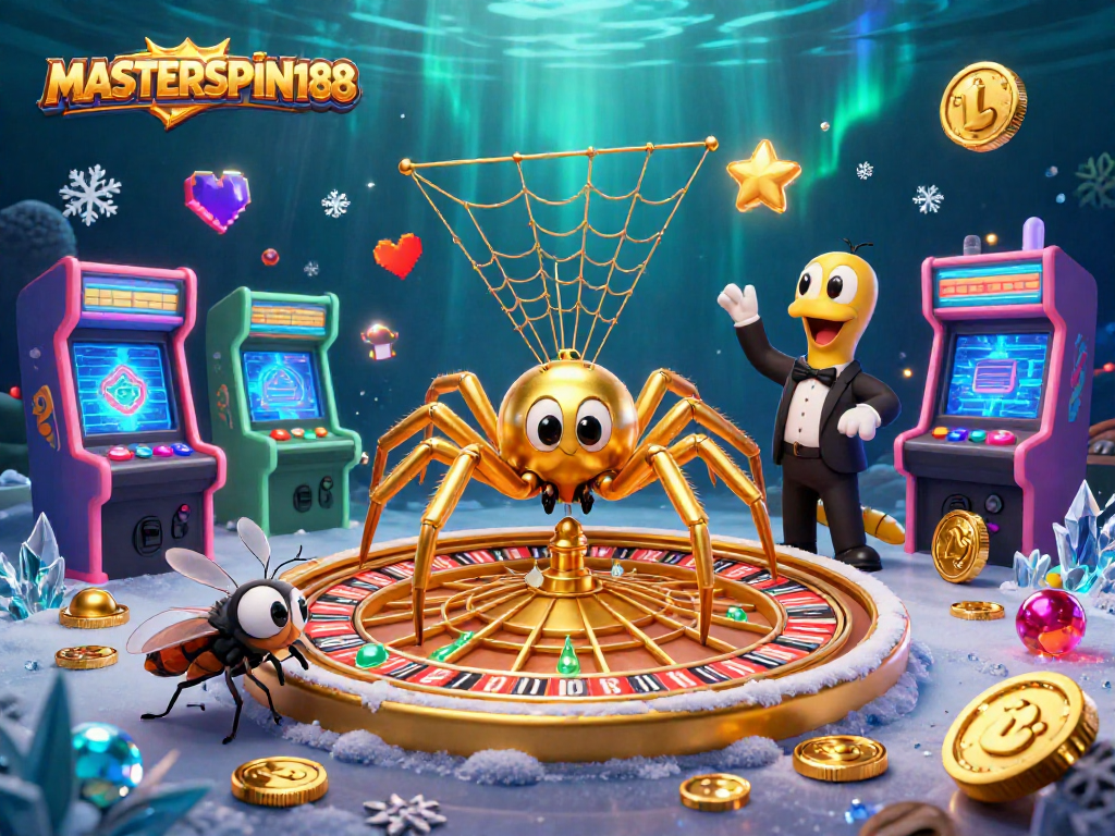 Engage with MASTERSPIN188 on this vivid casino-themed 3D illustration filled with gaming elements.