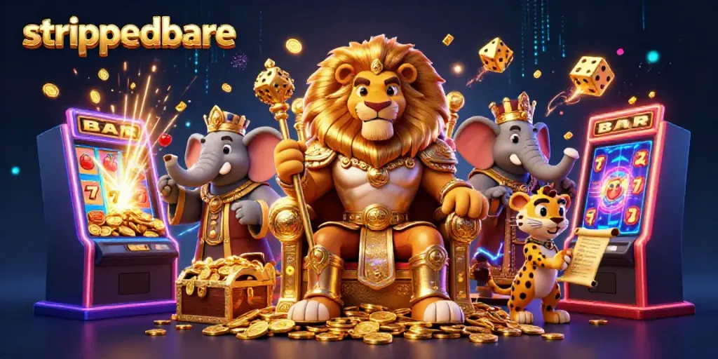Permainan slot jackpot pada strippedbare dengan karakter singa dan gajah, penuh koin emas.
