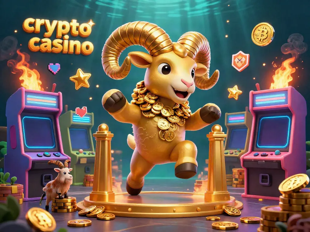 Engage with the vibrant scene of a crypto casino featuring a golden ram, arcade machines, and Bitcoin symbols.