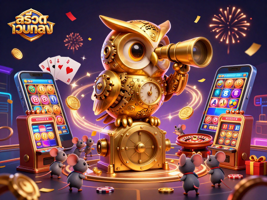 Experience สล็อตเว็บตรง action with a golden owl observing tiny patrons on a vibrant casino floor.
