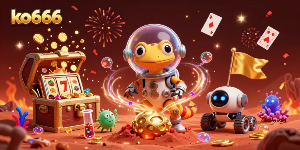 Experience thrilling games with ko666 at a vibrant Martian casino, featuring dynamic treasures and character action.