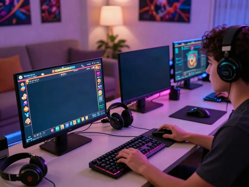 Engaged player enjoying a vibrant slot thailand game on a high-resolution monitor in a cozy home setting.