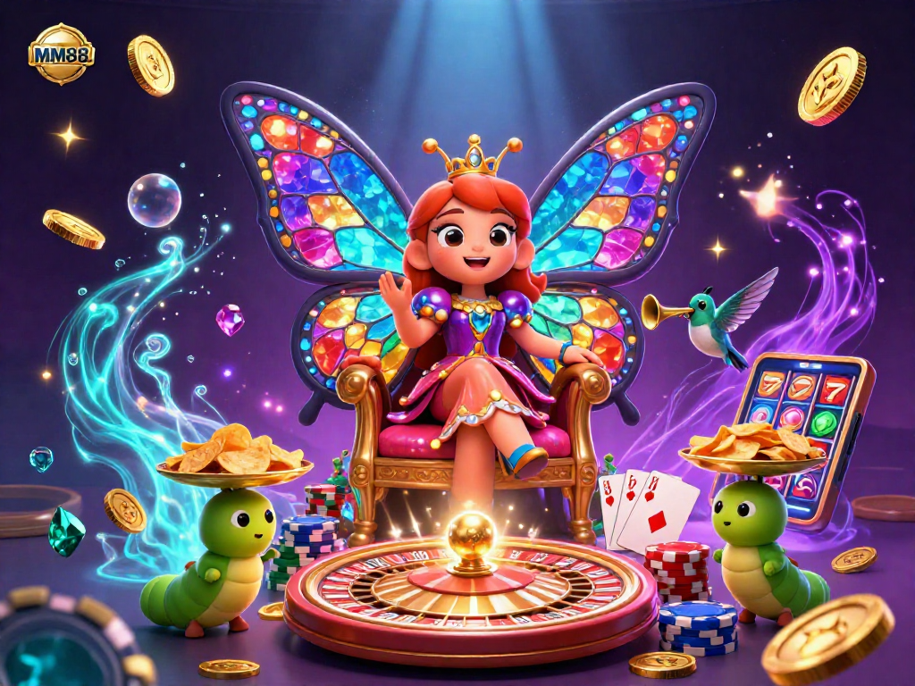 Experience the vibrant charm of MM88 with a magical casino scene featuring a butterfly queen and cascading chips.