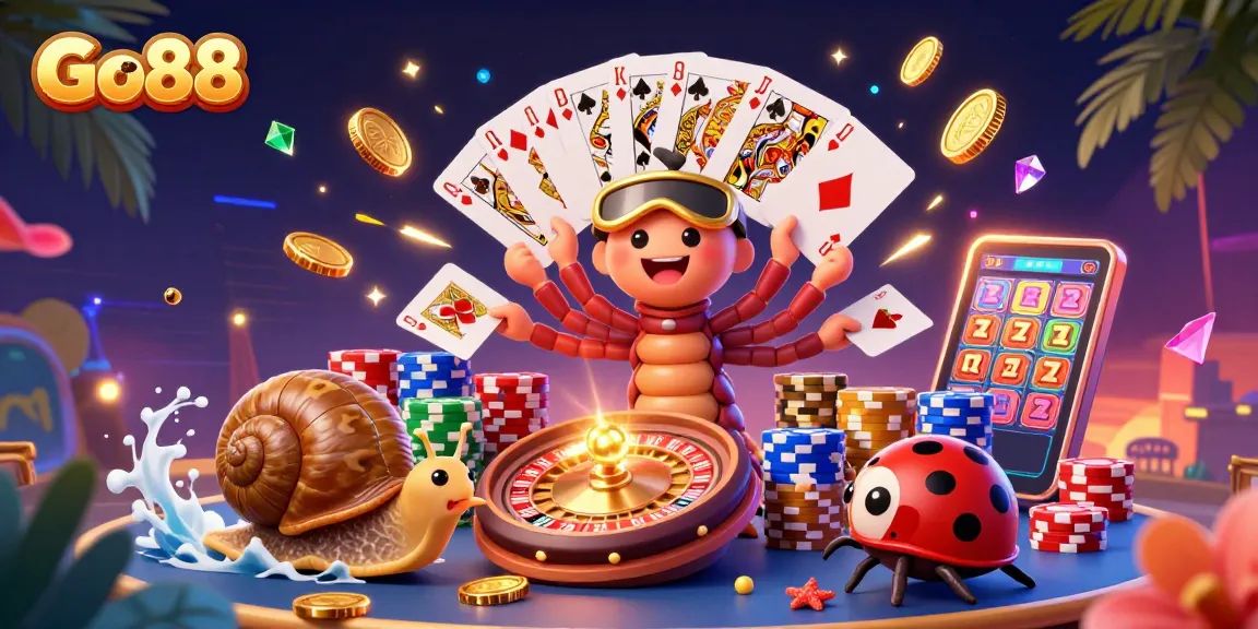 Engage with Go88's dynamic scene featuring a millipede dealer, high-roller snail, and vibrant casino elements.