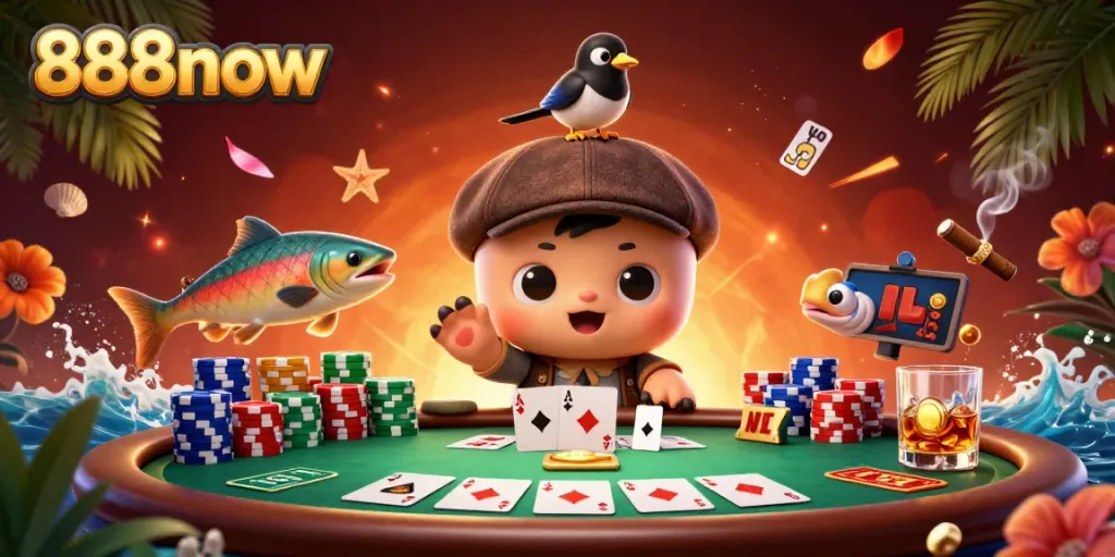 Experience the thrill of winning at 888now with adorable characters immersed in a rich casino setting.