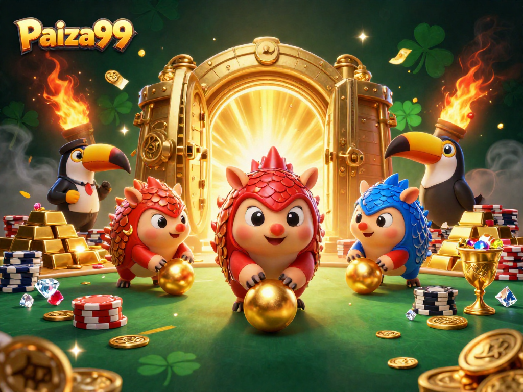 Cheer on the rival pangolins in a Paiza99 themed game with golden casino elements.