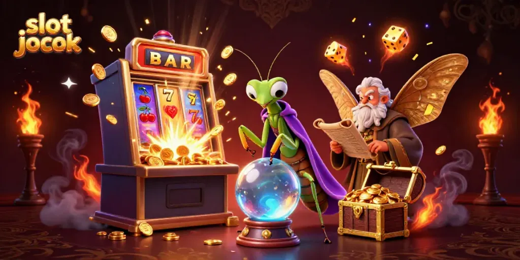 Engage in the thrill of a slot jackpot surrounded by vibrant casino scenery and mystical characters.