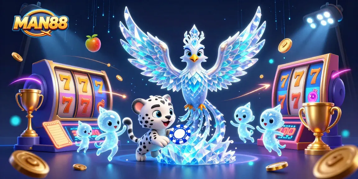 MAN88 players engage with slot reels while a mesmerizing ice phoenix soars above in a vivid casino scene.