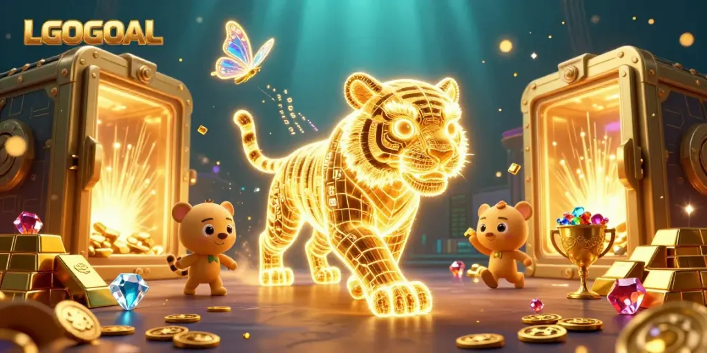 Experience thrilling wins at LGOGOAL with neon-wireframe tiger and treasure in a vibrant casino.