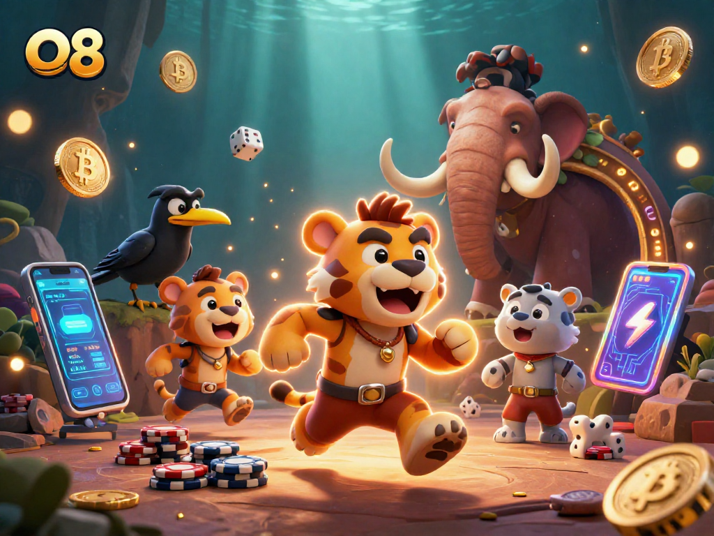 Experience thrilling gaming at O8 with a vibrant prehistoric casino scene filled with exciting elements.