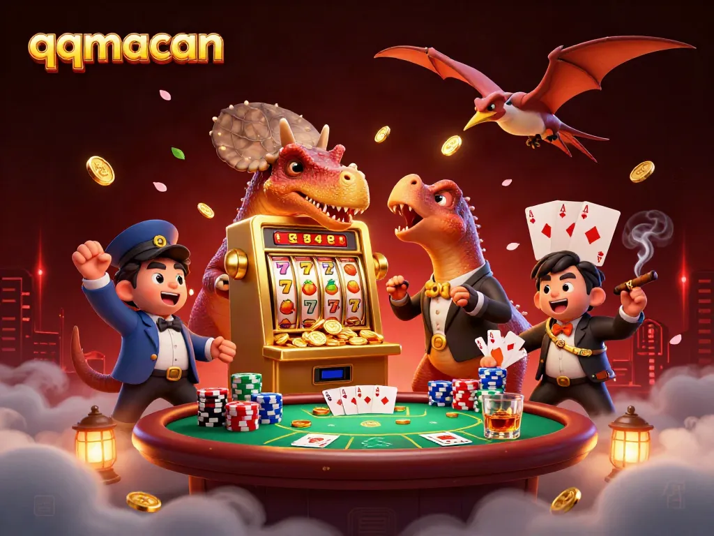 qqmacan players celebrate as the pachycephalosaurus hits a jackpot on a golden slot machine, coins flying around.