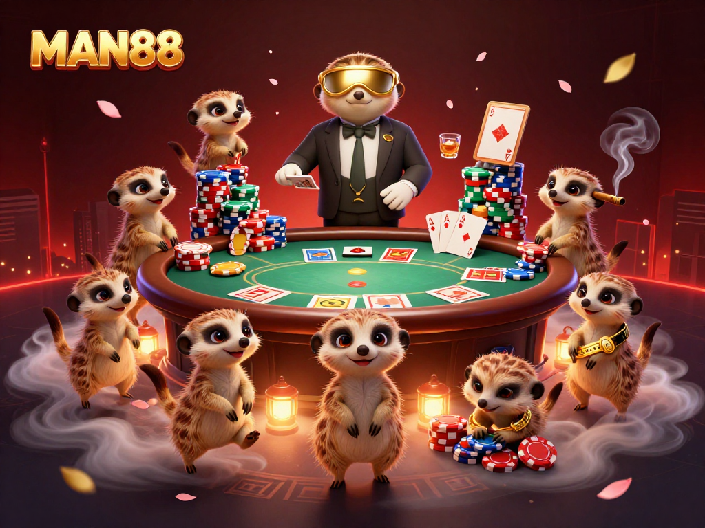 MAN88 meerkats managing an energetic casino scene with poker chips and cherry blossoms.
