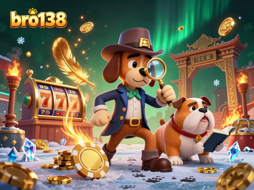 Bro138 gamblers analyzing casino strategies with clues from a poker chip in a vibrant 3D scene.