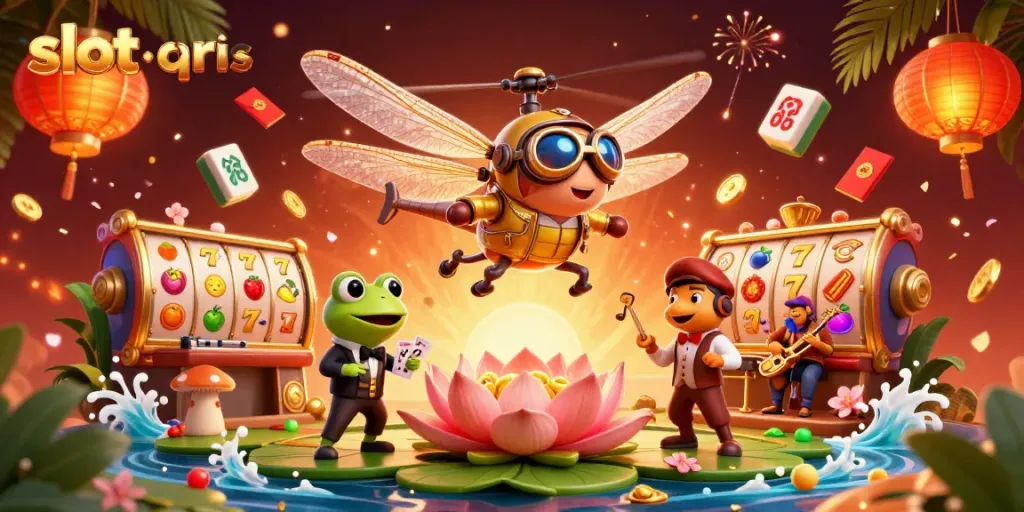 Engaging slot qris scene with a dragonfly pilot and frog croupier in a whimsical casino