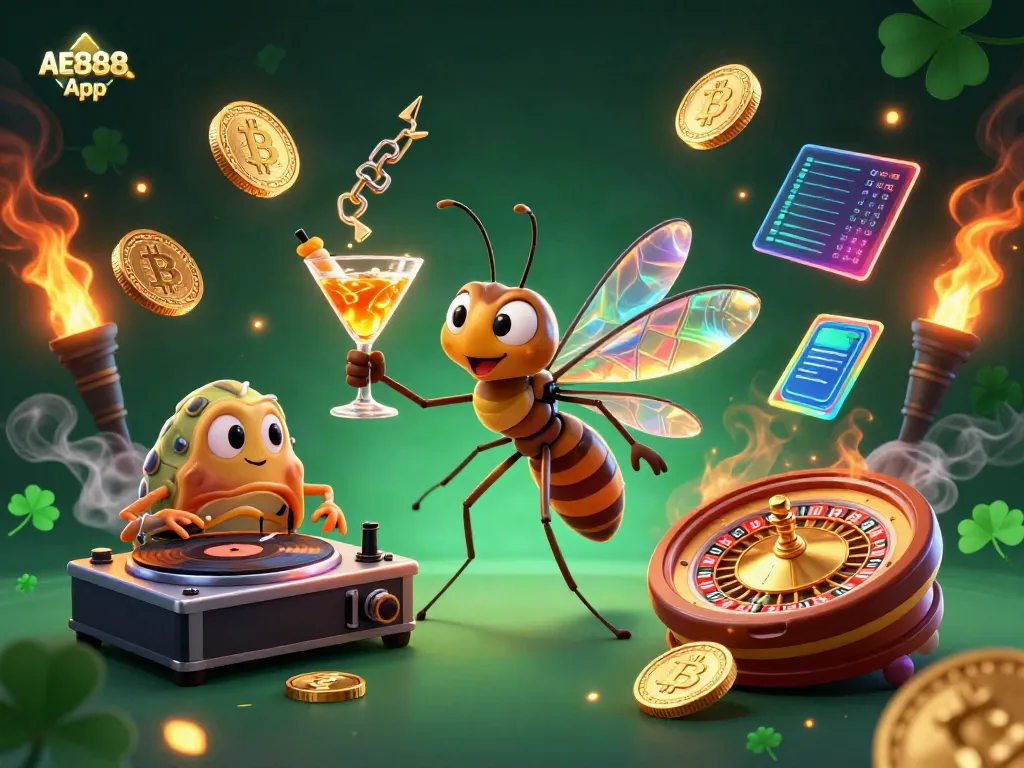 Engage with the vibrant AE888 App casino scene featuring a lively mascot and unique gaming elements.