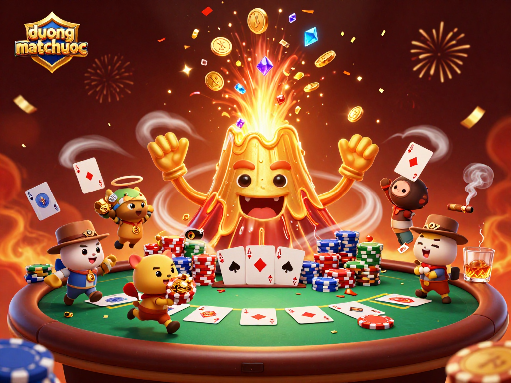 Win big with duongmatchuoc as a triumphant volcano showers treasures on eager explorers in a lively poker scene.