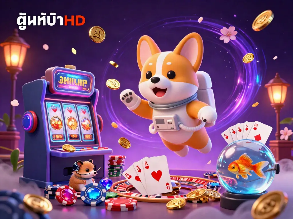 Experience thrilling ดูหนังHD with a vibrant 3D casino illustration showcasing games, characters, and dynamic elements.