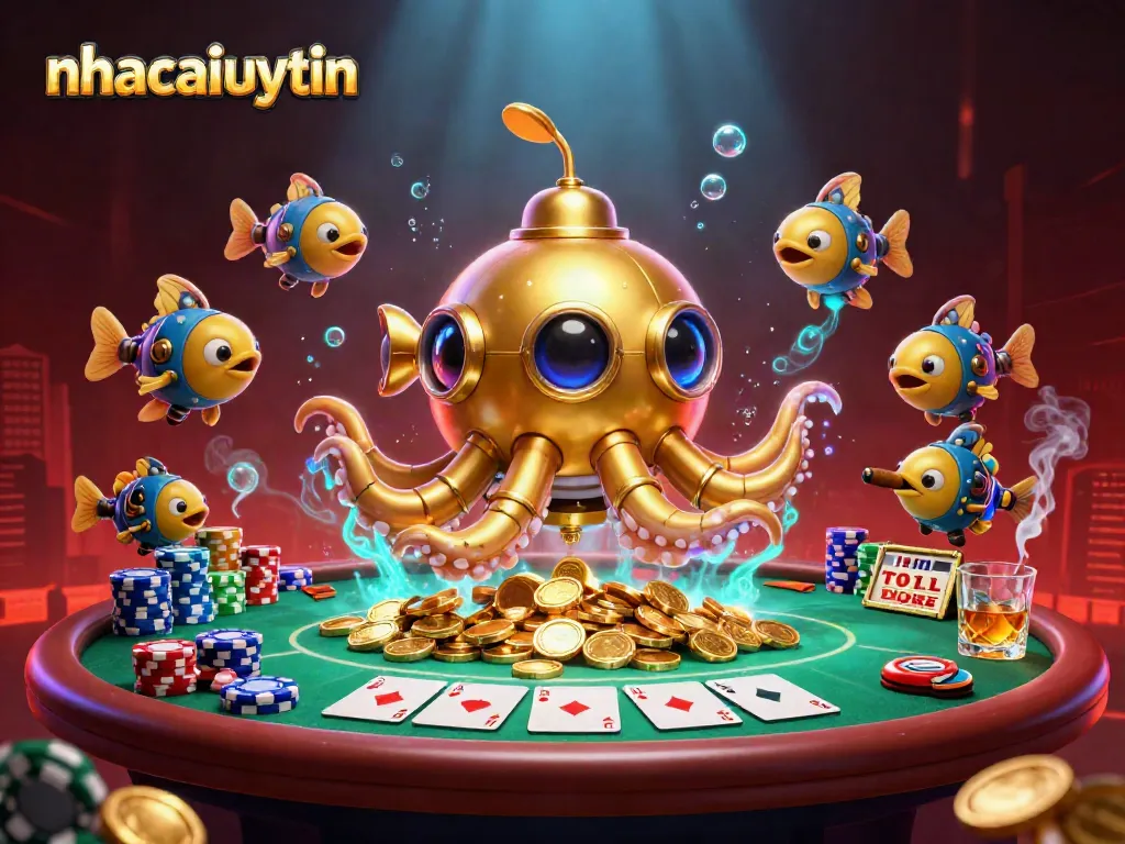 Engage with nhacaiuytin's thrilling casino adventure featuring rich poker elements and a golden kraken.