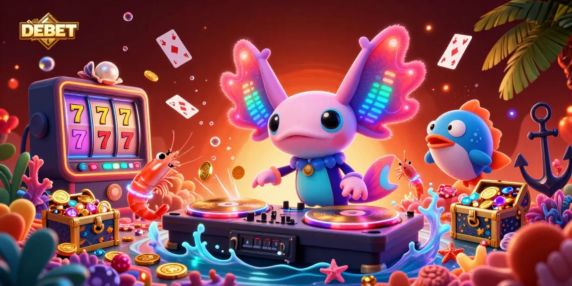 Experience DEBET's dynamic casino scene with a neon-colored axolotl DJ and lively underwater game elements.