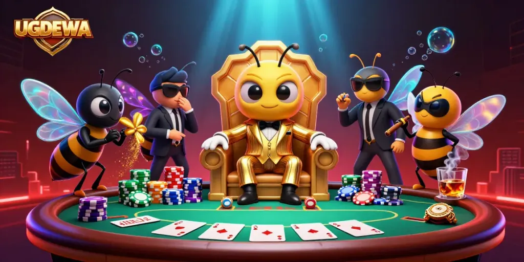 Engage in rich poker gameplay with UGDEWA featuring a bumblebee mob boss amidst an exciting casino scene.