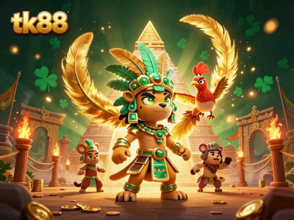tk88 showcases a vibrant casino scene featuring a Mayan jaguar priest and a quetzal bird amid golden gambling elements.