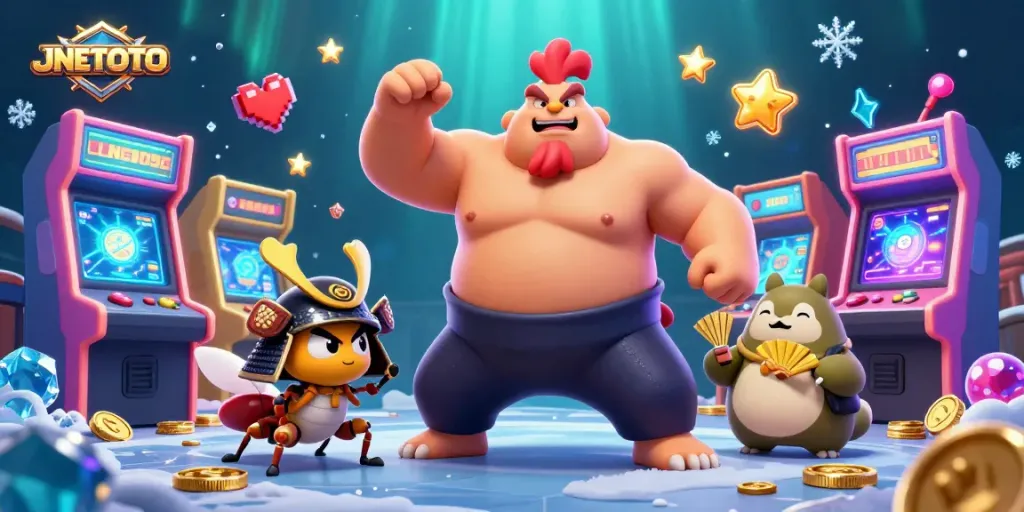 Experience the thrills of JNETOTO with a dynamic gaming illustration featuring a sumo wrestler, samurai cricket, and a tanuki announcer.