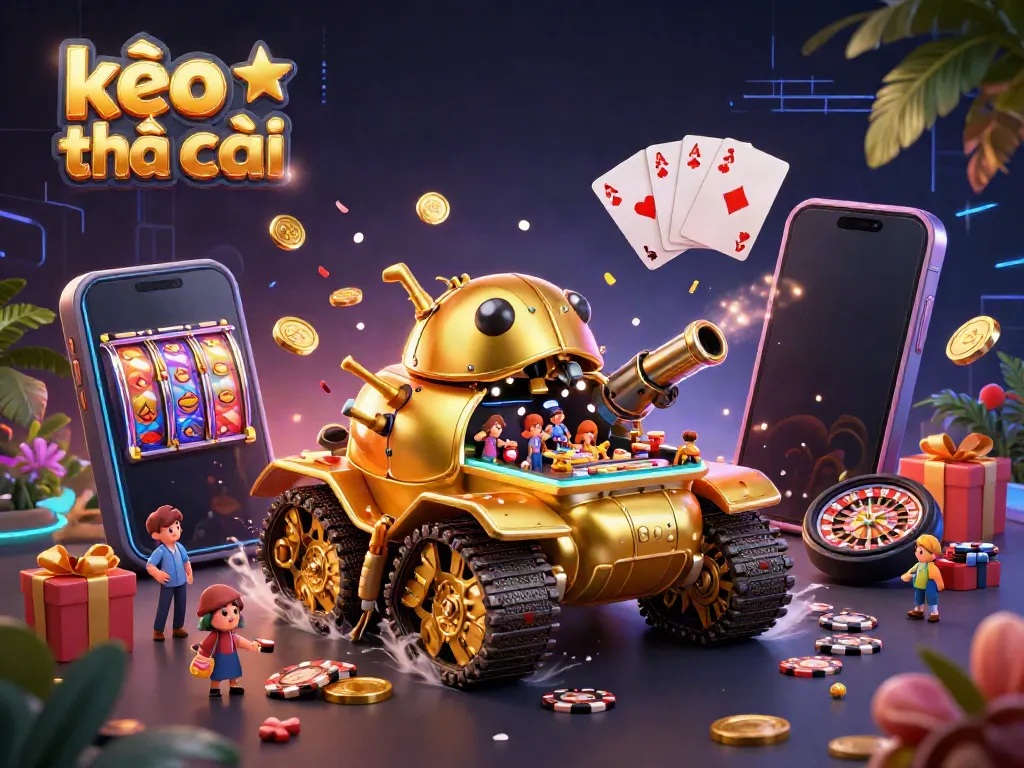 Engage with kèo nhà cái in a vibrant 3D illustration showcasing a golden beetle tank casino scene with dynamic gaming action.