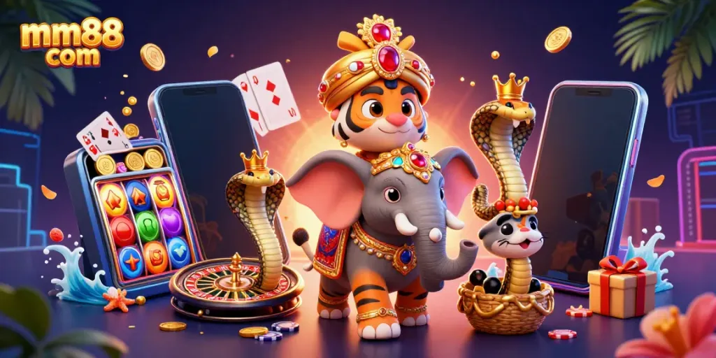 Experience the thrill of gaming with mm88 com, featuring vibrant slot elements and characters in an exciting casino scene.
