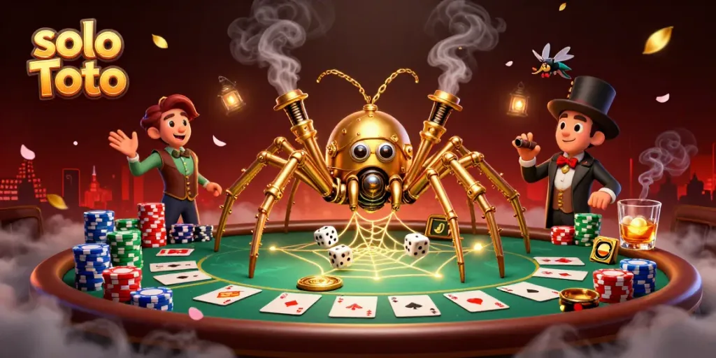 Ilustrasi 3D solo Toto dengan laba-laba steampunk dan elemen judi menarik