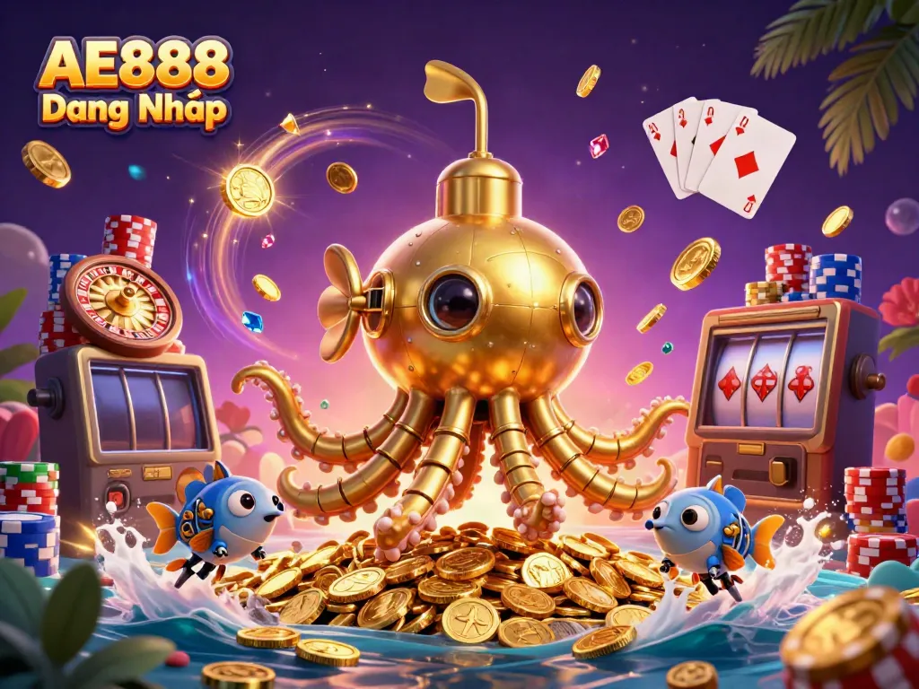 Experience the excitement of AE888 Đăng Nhập with the golden kraken submarine and casino elements.