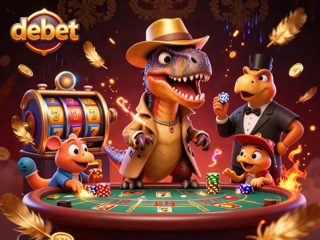 Engaging velociraptor at a blackjack table in debet casino scene with gold coins and luminous effects.