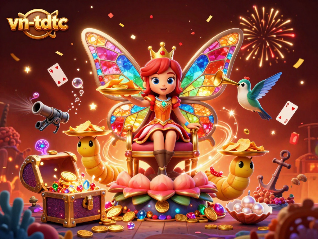 Experience vn-tdtc's vibrant casino scene with a butterfly queen and treasure elements!