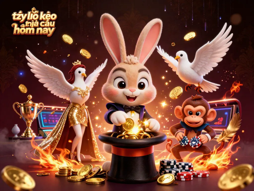Engage in tỷ lệ kèo nhà cái hôm nay with a magical scene of a rabbit, dove, and monkey in an exciting sports betting atmosphere.
