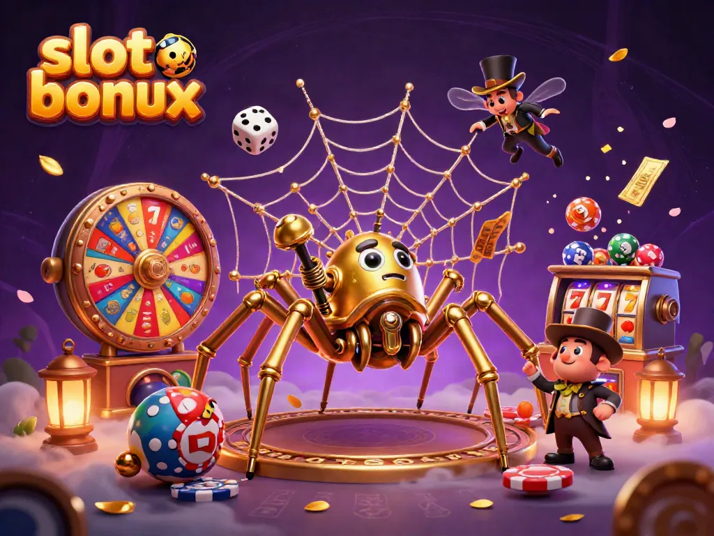 Experience the thrilling slot bonus game scene with a golden spider in a steampunk web.