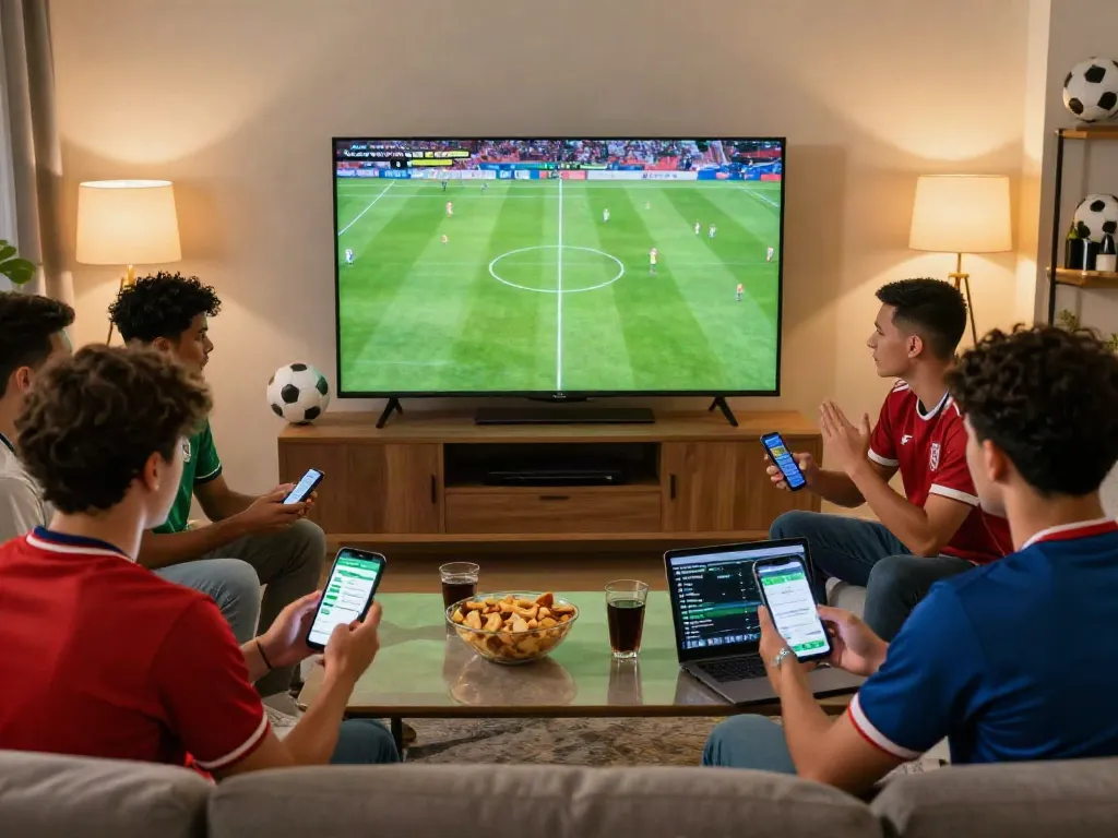 Exciting scene of friends betting on soccer matches with WWBOLA app open on mobile devices in a cozy living room.
